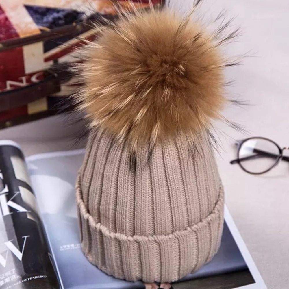 Khaki Knit Beanie with Removable Pom Pom